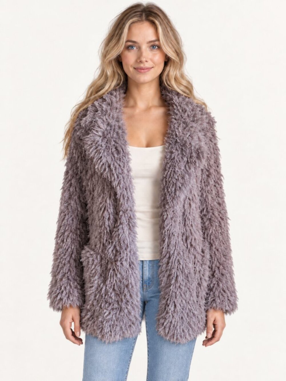HYFVE Shaggy Faux Fur Light Purple Teddy Coat Size S Open Front Boho Statement